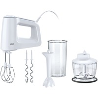 Braun Handmixer MultiMix 3 weiß/grau, 500 Watt, mit Mixfuß, Becher und Zerkleinerer